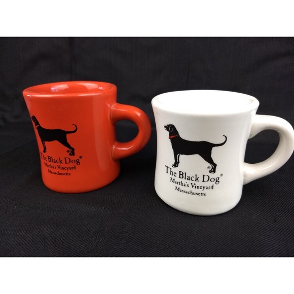 Black Dog Martha's Vineyard Coffee Mugs Orange & White Ceramic Diner Style Set/2 - Picture 2 of 16